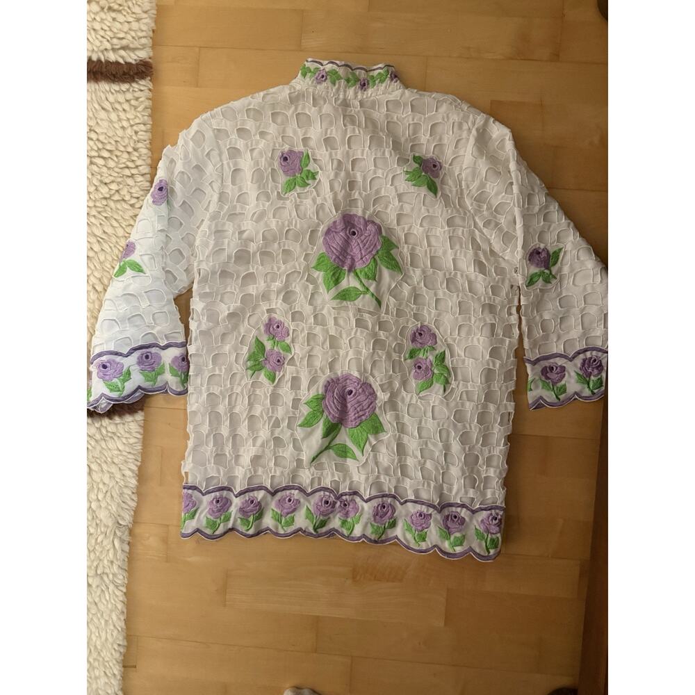 VTG The Foreign Look White Scallop Eyelet Purple Flower Shirt Jacket Mandarin - Picture 5 of 5